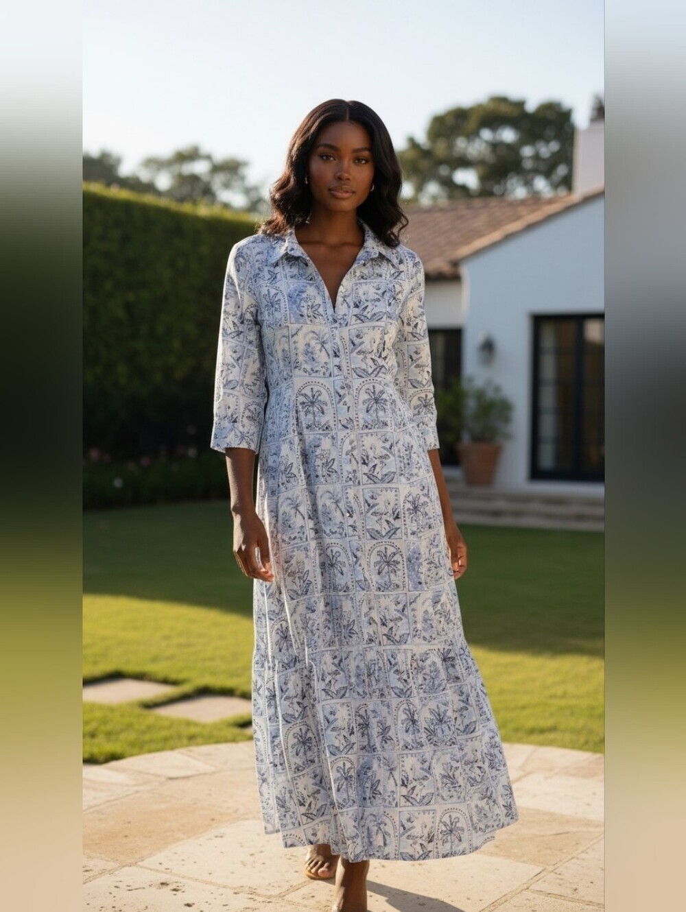 C&C California Blue White Toile Print Linen Blend Maxi Shirtdress Boho Size M